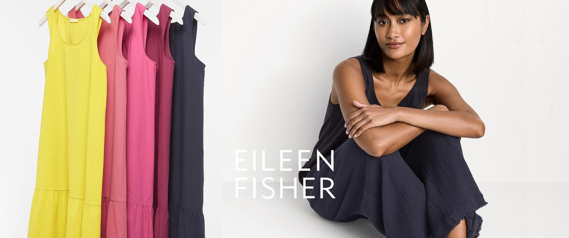 Dean's Clothing Featured Brand - Eileen Fisher dresses and female model.